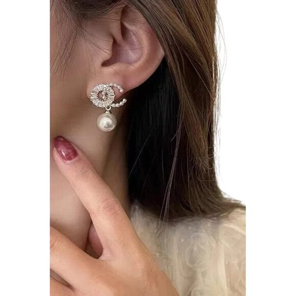 2/$24 Silver & Crystal Double C Pearl Drop Earrings Elegant Statement Piece - Picture 1 of 6